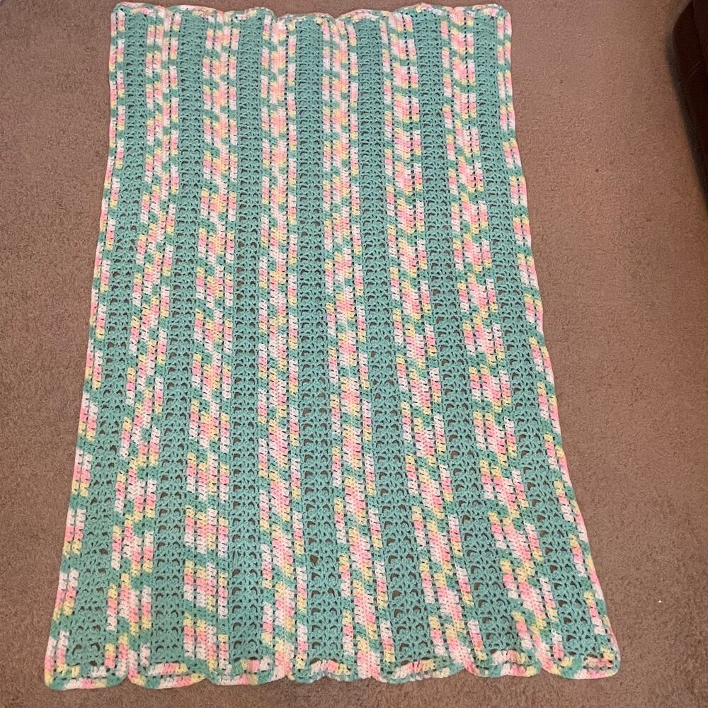 Vintage Crochet Afghan Blanket Striped Green Pink White Yellow 43 x 66